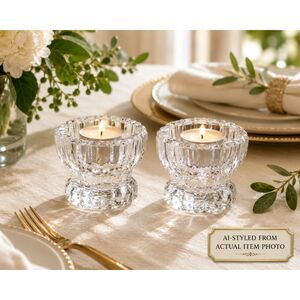 VTG DePlomb Lead Crystal Tea Light Candle Holders Pair | Ribbed Faceted